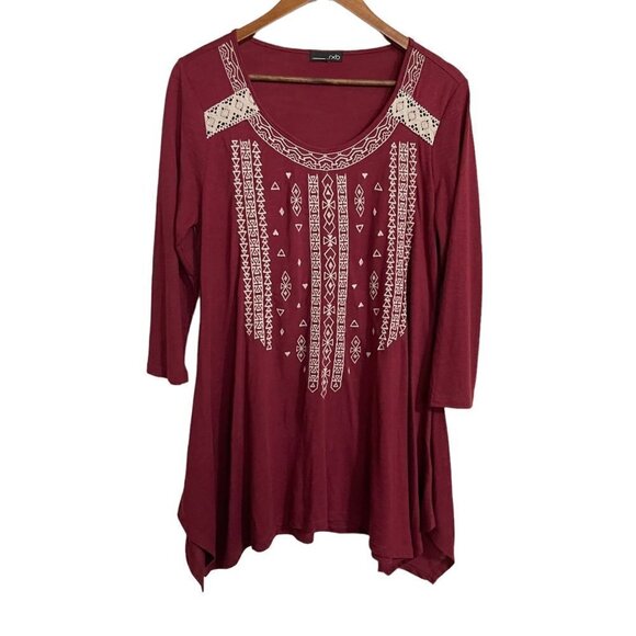 RXB Womens Red Bohemian Embroidered Shark Bite Hem 3/4 Sleeve Blouse Large - Picture 1 of 6